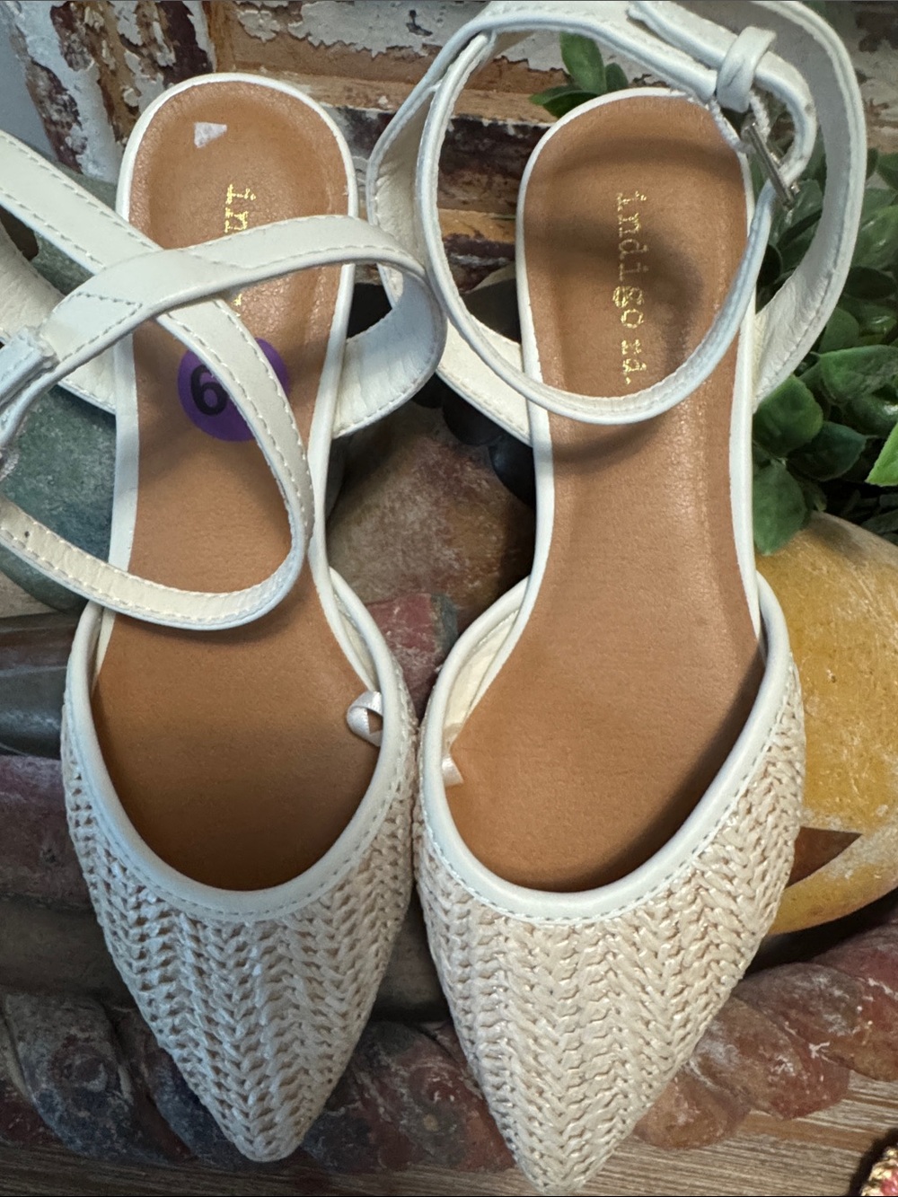 Indigo Cream Woven Pointed-Toe Ankle-Strap Flats